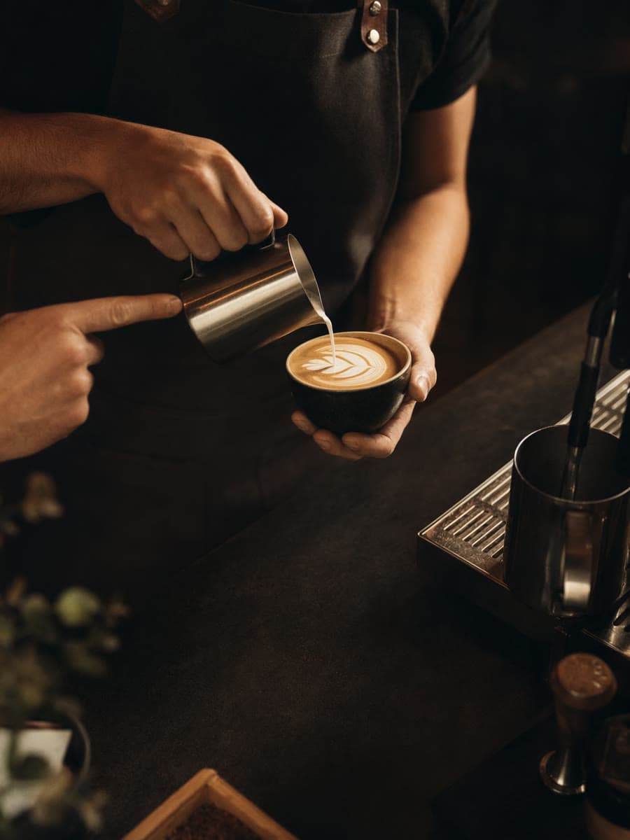Trainer ghidând un barista la turnarea laptelui pentru latte art