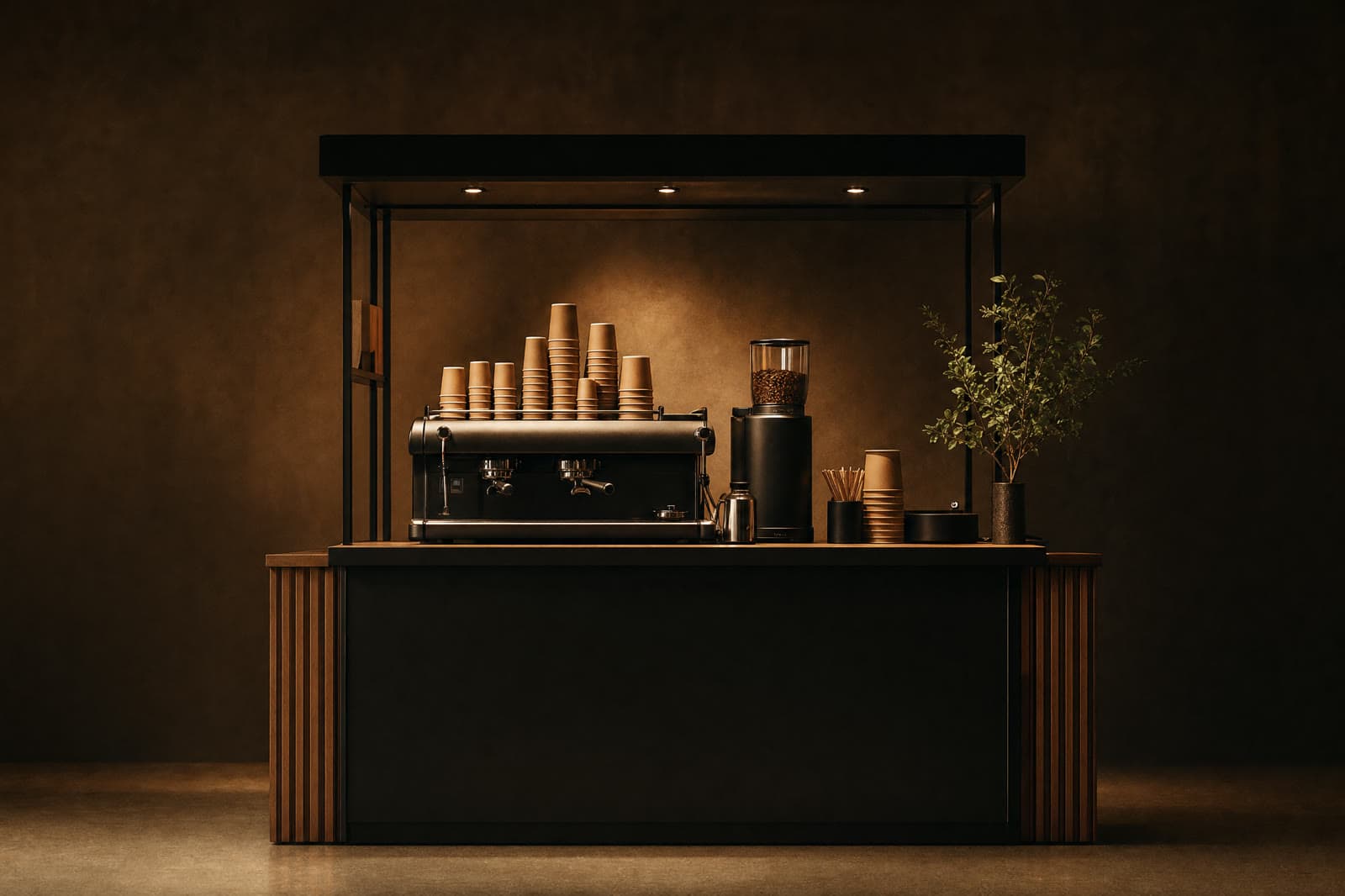 Colț coffee to go cu espressor și pahare de carton, în lumină caldă