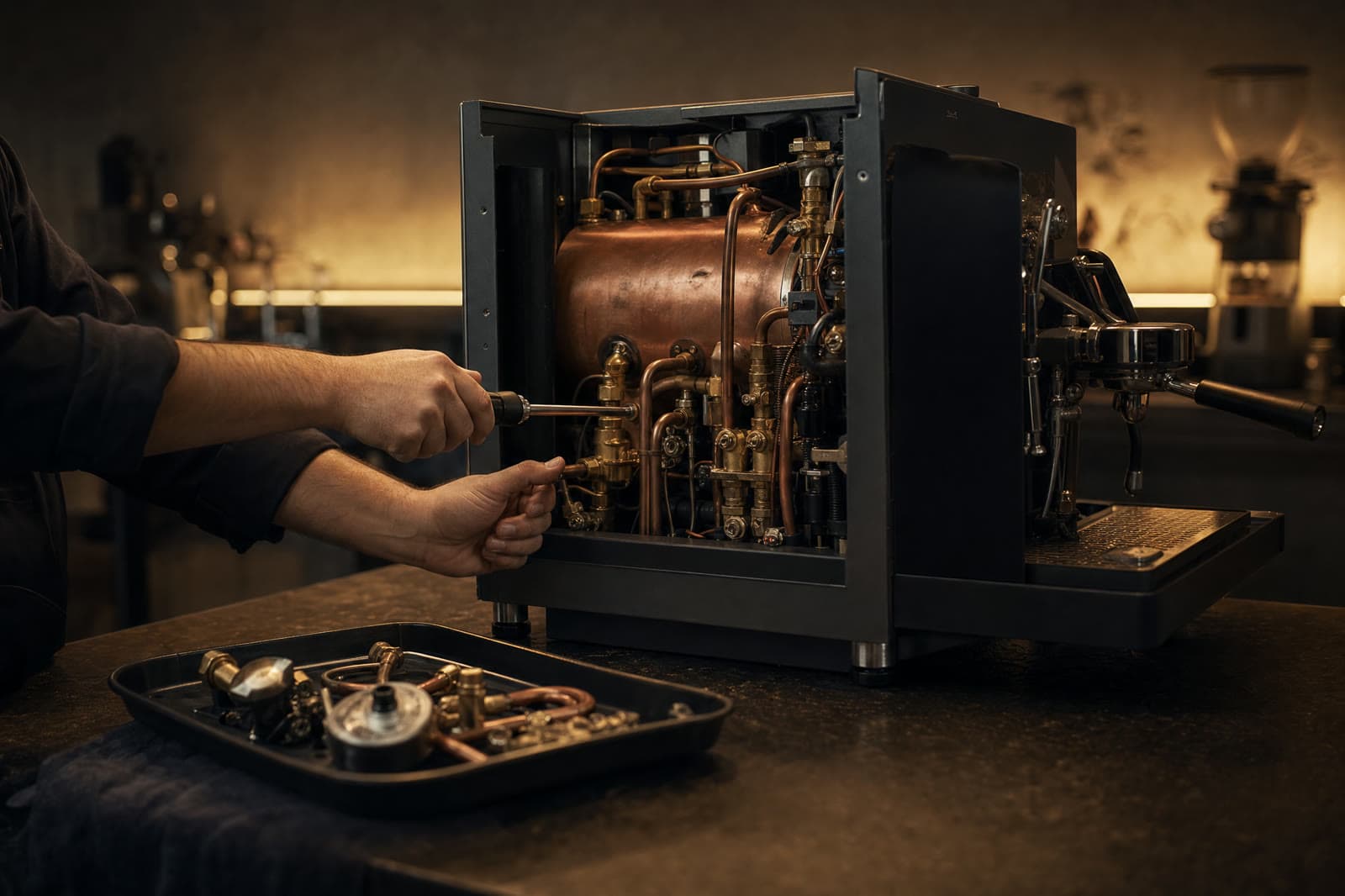 Tehnician lucrând la interiorul deschis al unui espressor