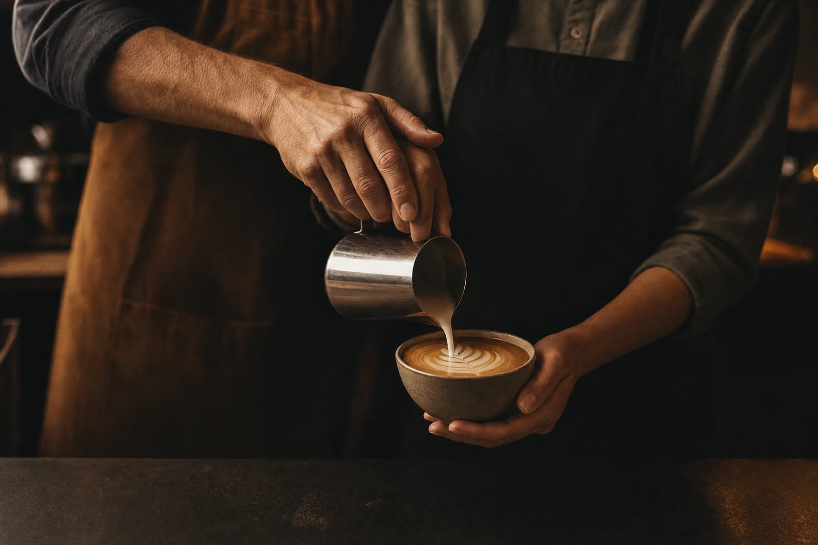 Trainer ghidând mâna unui barista la turnarea laptelui
